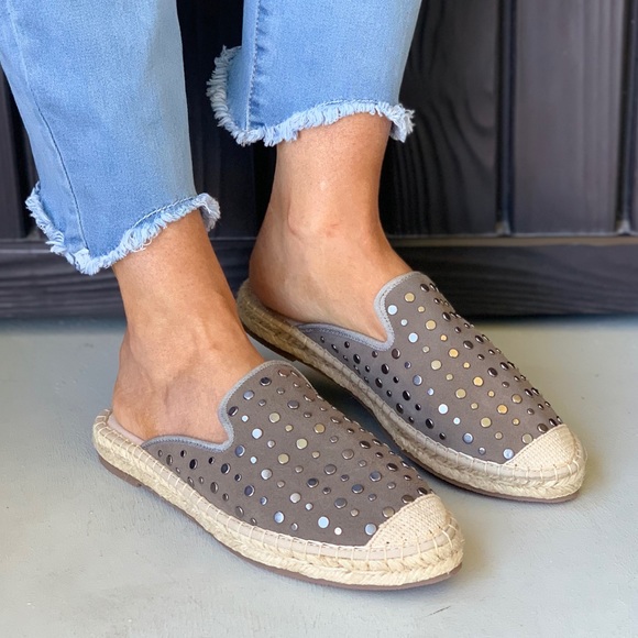 Closed Toe Flat Fabric Studded Loafer Mule - Picture 3 of 9